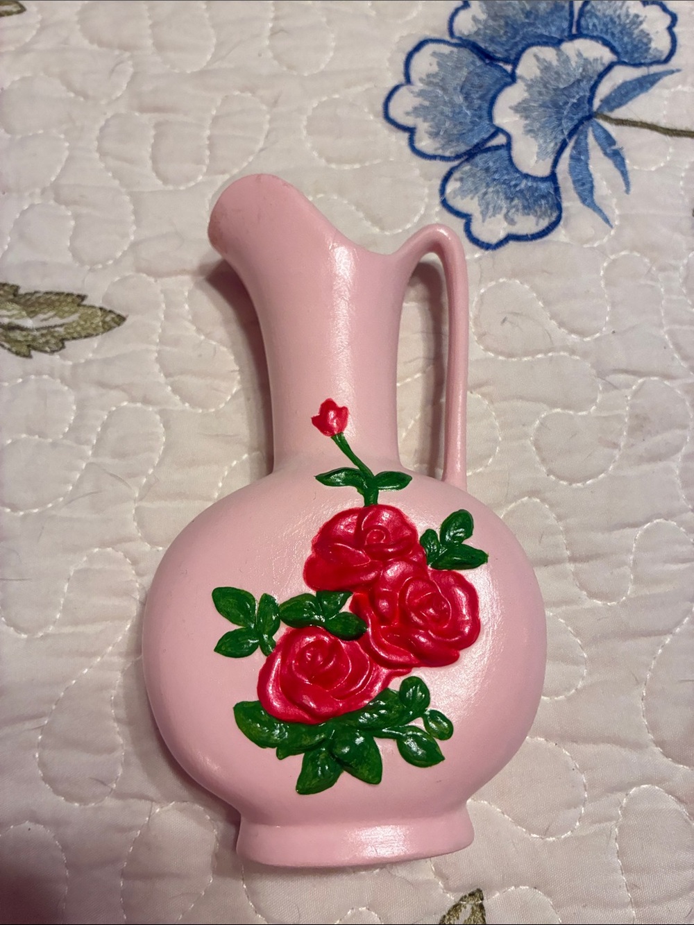 Vintage Hand Painted Pink Ceramic Pitcher with Red Rose Relief
